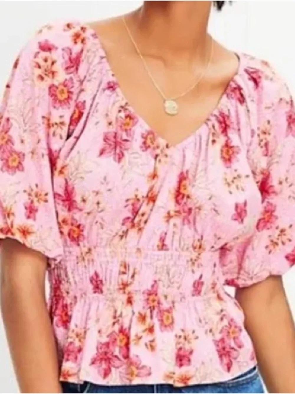 Loft Floral Pink Puff-Sleeve Smocked Waist Top